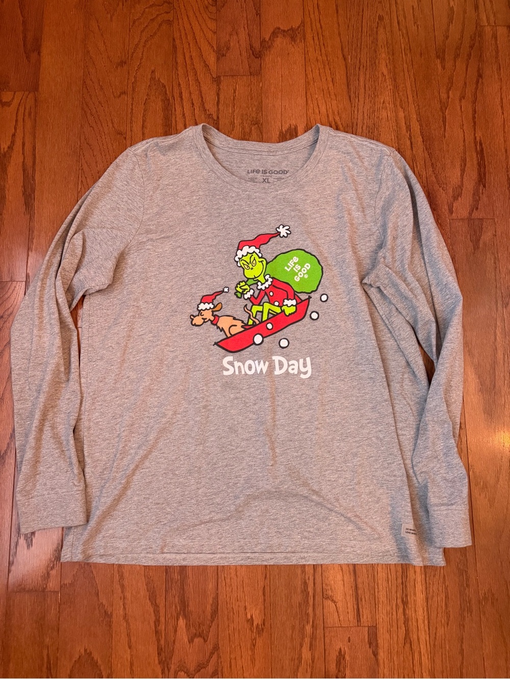 Life Is Good Gray Long Sleeve Tee with Grinch 'Snow Day' Graphic